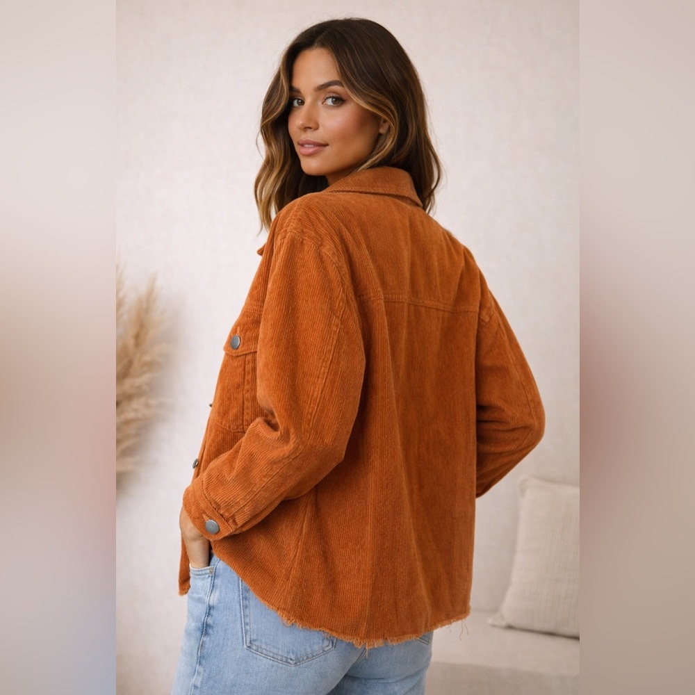Boutique Rust Corduroy Jacket Oversized Shacket Raw Hem Snap Button Women’s